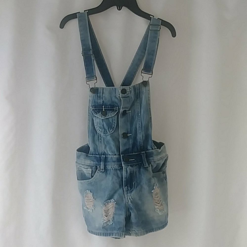 Ripped jean overall shorts